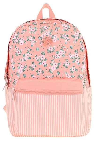 KAUKKO Soft Floral Girls' Three-Compartment Salmon Flower and Stripe Patterned School Backpack - K1795