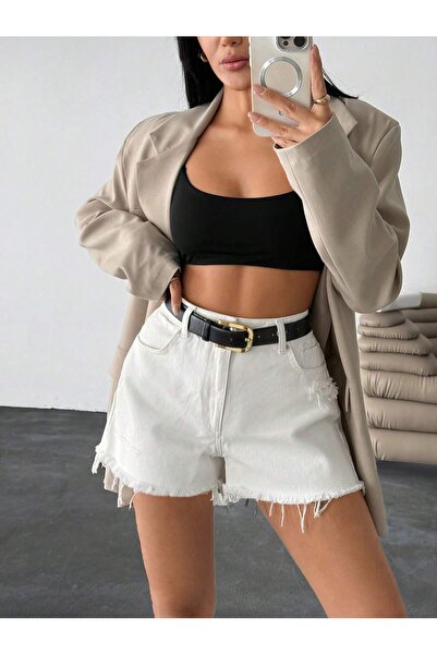 EmWay'S DENİM KADIN YÜKSEK BEL PAÇA PÜSKÜLLÜ KIRIK BEYAZ KOT ŞORT