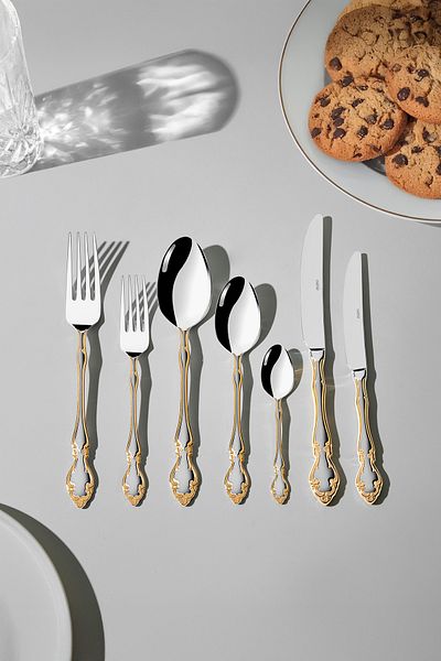 Nehir Adriana Gold Satin - Boxed Fork Spoon Knife Set for 12 Persons 89 Pieces