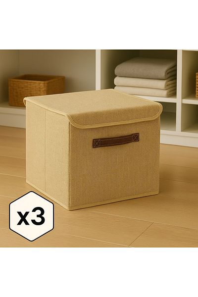 aydev home collection 3 Pieces Jute Lid Cabinet Laundry Toy Organizer Folding Storage Box 30X30X30 cm