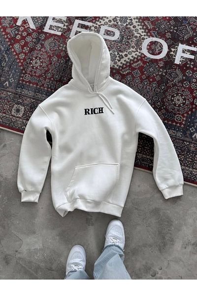 Vogueway Long Sleeve Hooded Chest Printed Sweatshirt - White