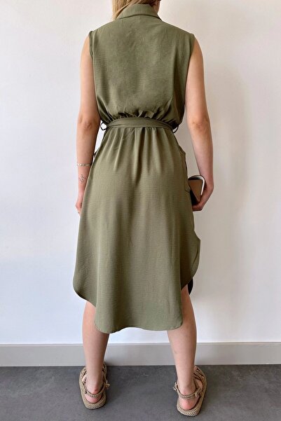 NEW LAVİVA Women's Khaki Jacket Collar Double Breasted Slit Elastic Waist Dress- - 700-2881