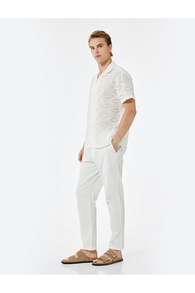 Koton Cotton Folded Leg Textured Waist Lace-Up Button Pants