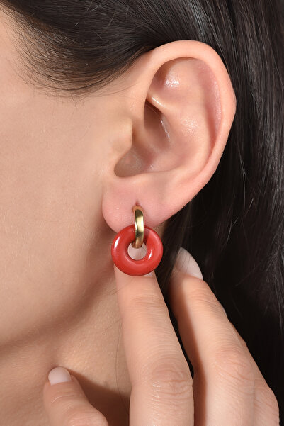 Nox Jewelry 14 Ayar Altın Kaplama Gerçek ve Doğal Donut Mercan Taşlı Halka Küpe - ES00156
