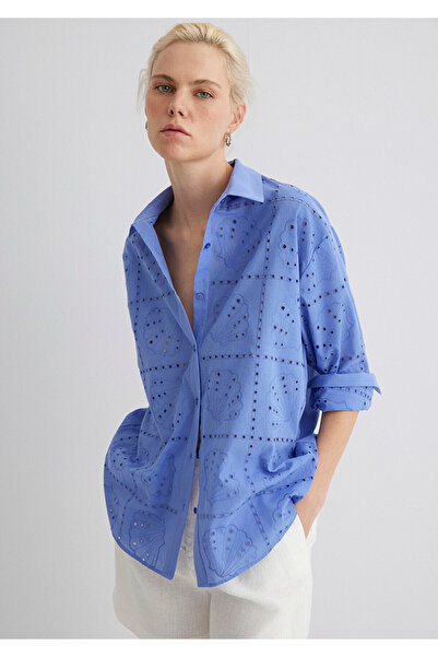 Mavi Deniz Kabuğu Dokulu Mavi Gömlek Loose Fit / Bol Rahat Kesim 1211097-70855