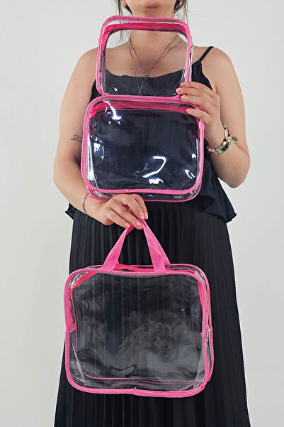 Woys Bags Kadın 3 Adet Pembe Renk Şeffaf Seyahat Makyaj Çantası Şeffaf Makyaj Çantası