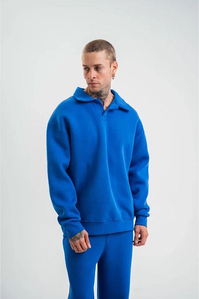 Silerra Unisex Double Oversize Placket Collar Sweatshirt - Blue