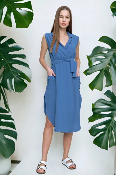 NEW LAVİVA Women's Indigo Jacket Collar Double Breasted Slit Waist Elastic Dress- 700-2881