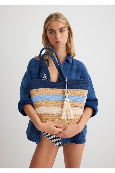 Mavi Navy Blue Striped Straw Bag 1913059-70185