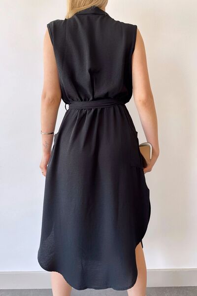 NEW LAVİVA Women's Black Jacket Collar Double Breasted Slit Dress with Elastic Waist - 700-2881