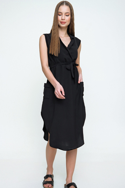 NEW LAVİVA Women's Black Jacket Collar Double Breasted Slit Dress with Elastic Waist - 700-2881