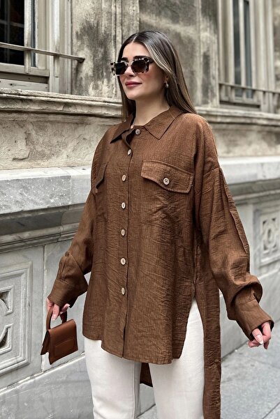NEW LAVİVA Women's Brown Double Pocket Cover Slit Linen Casual Shirt - 700-3524