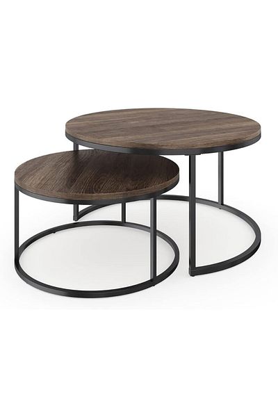 AGD Round Coffee Table Set, Solid Side Tables With Metal Frame, For Living Room Brown Color, Two Pieces