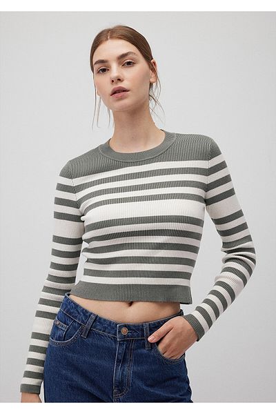 Mavi Khaki Striped Crew Neck Sweater - Fitted Cut 1710521 -87899
