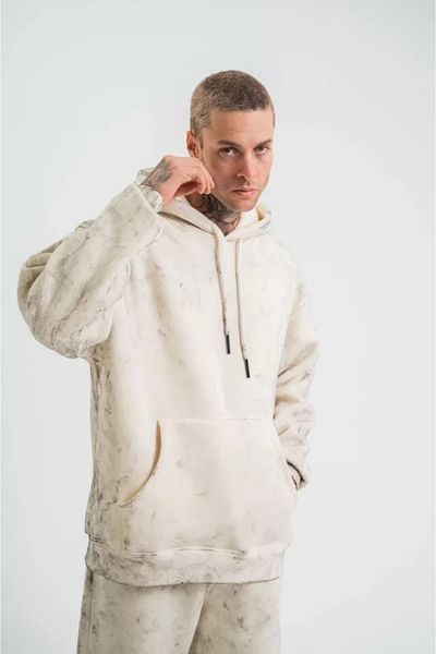 Silerra Unisex Double Oversize Hooded Washable Sweatshirt - Cream