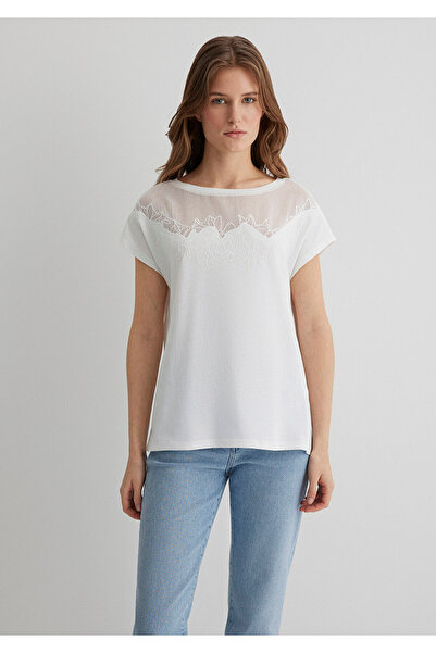 Mavi Λευκό T-Shirt με λεπτομέρεια από δαντέλα κανονική εφαρμογή 1612305 -70057