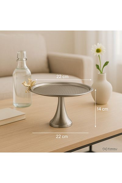 Fiyakalı Ürünler Atölyesi Standing Silver Round Metal Tea and Coffee Serving Tray, Cake, Cake, Cookie, Dowry Presentation Tray