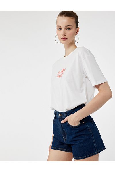 Koton Short Sleeve Crew Neck Fruit Embroidered Cotton Oversize T-Shirt