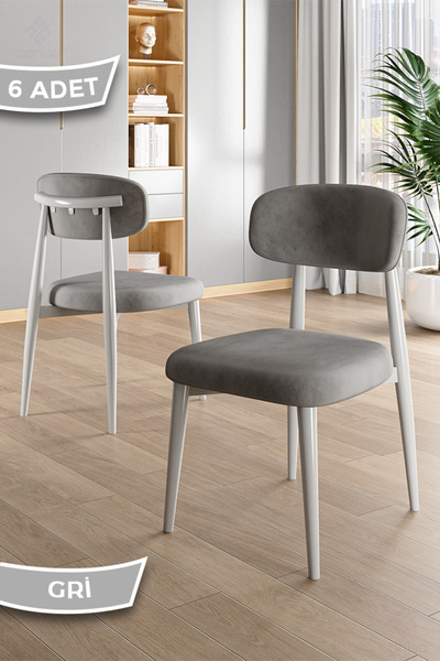 Canisa Laos Serisi 6 Adet Gri Mutfak Sandalyesi Beyaz Metal İskeletli 1. Sını...