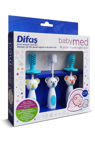 Difaş Baby Dental Care Set - Blue Toothbrush and Teether 3 Pieces