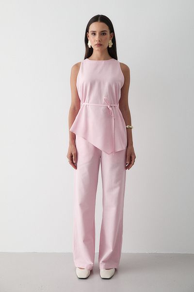 JASTE Women's Pink Linen Crew Neck Vest Belted Trousers Suit