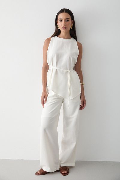 JASTE Women's Linen Crew Neck Vest Belted Trousers Set