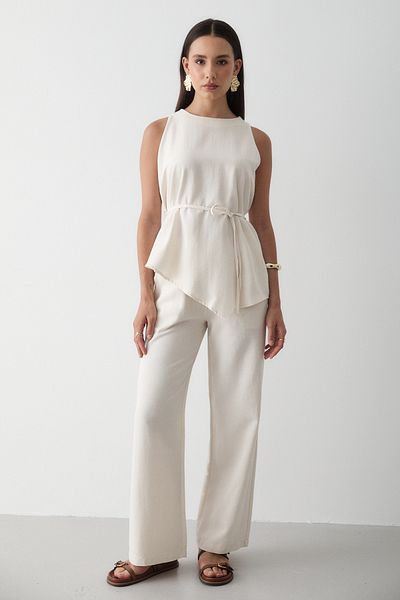 JASTE Women's Beige Linen Crew Neck Vest Belted Trousers Suit