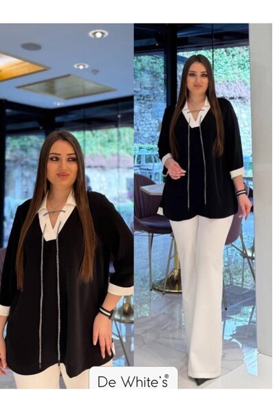 DE WHITES بلوزة بياقة قميص مقاس كبير