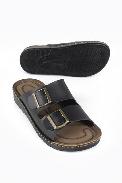 LUGMO Faux Leather Eva Slippers Stitched Metal Double Buckle Men's Comfort Lightweight Non-Slip Black