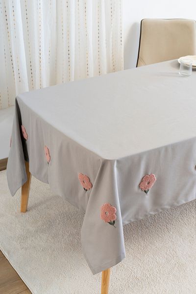 Rivaİstanbul Florita Gray Punch Embroidered Worry-Free Stain-Proof Table Cloth 160X220 cm