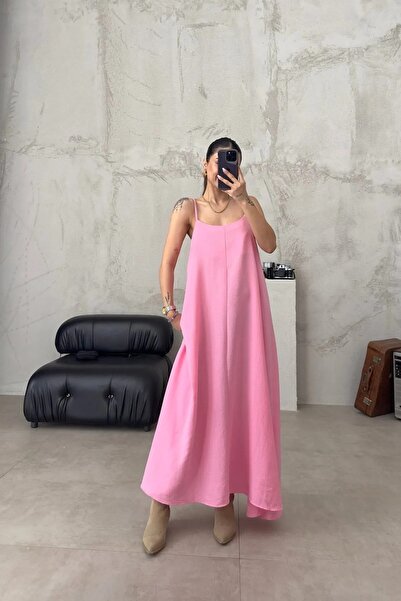 MOLLYMORE Şeker Pembe Renk Full Lıkralı Bürümcük Kumaş Ayarlanabilir Askılı Uzun Elbise