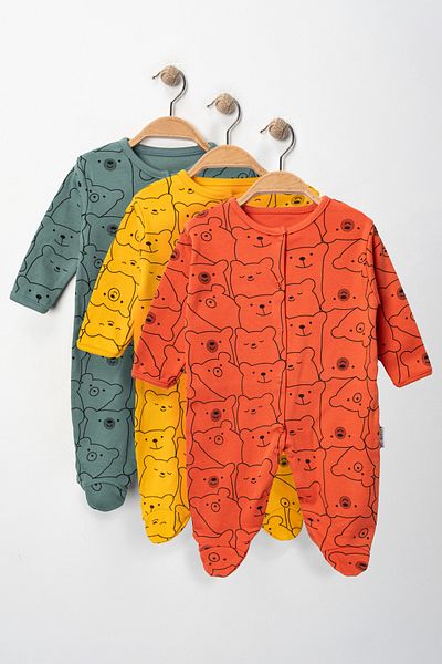 Mıdırık Girl and Boy Printed 100% Cotton 3-Piece Newborn Jumpsuit Set with Booties