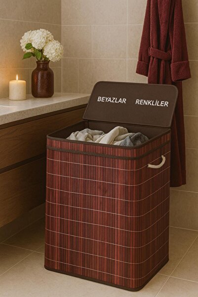 NEWNOW SoftLines Bambo Çift Gözlü Çamaşır Sepeti Renkli & Beyaz Ayırıcı Bordo