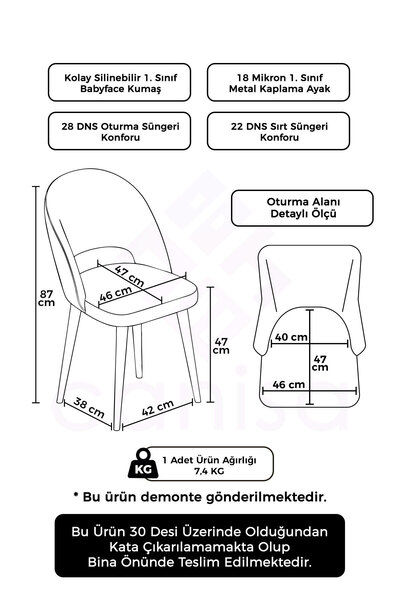 Canisa Pane Serisi 6 Adet 1. Sınıf Babyface Kumaş Beyaz Metal Ayak Gri Mutfak Sandalyesi