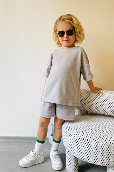 hepbaby Gri, Waffle Dokulu Şortlu Çocuk Takım Hb23990