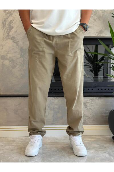 ECARTS Men's Waist Lace-Up Baggy Fit Linen Trousers Khaki Eca005