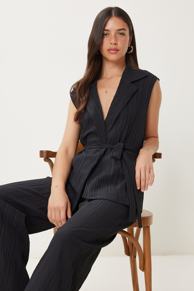 Lovelyİstanbul Vestă cu curea Palazzo tricotat Costum NEGRU LBY0002