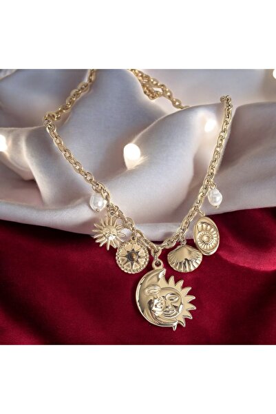 rafiel Altın Rengi Çelik Zincir Çoklu Charm Kolye (Ay, Güneş, Deniz Kabuğu)