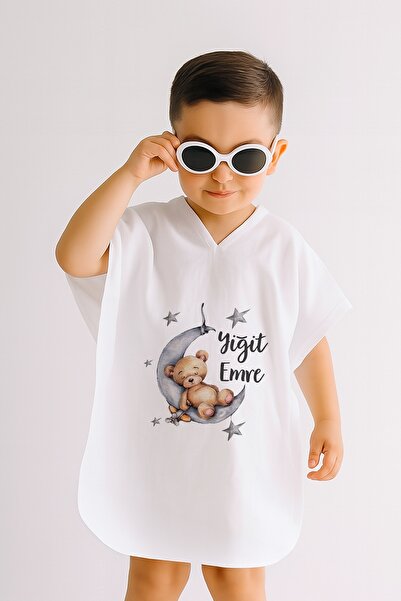 Lilabio İsme Özel %100 Pamuk Müslin Kapüşonlu Erkek Çocuk Panço Bornoz Ayıcık