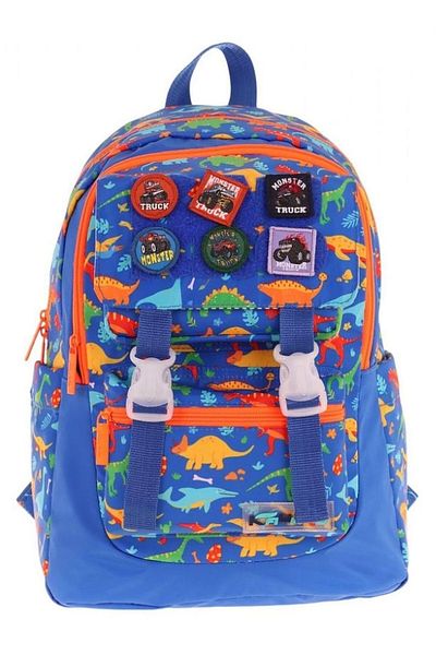 KAUKKO Rucsac pentru școală primară cu model de dinozaur brodat pentru băiat (cu patru compartimente) - albastru - L5278
