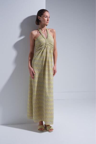 JOIN US Zikzak Desenli Boyundan Bağlamalı Sarı Maxi Elbise