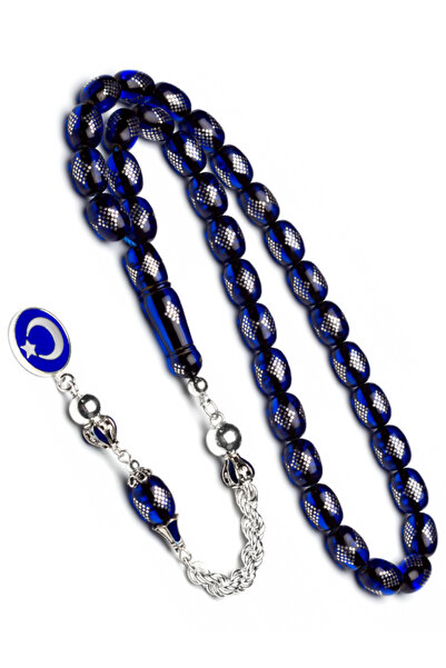 OTTOTESBİH Erkek Gümüş Püskül 8x11mm Gümüş İşlemeli Ateş Kehribar Tespih