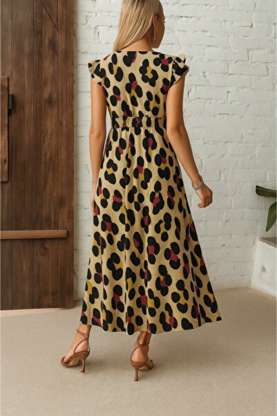 Viyamo New Season Women's Short Sleeve V-Neck Leopard Print Side Slit Single Jersey Dress