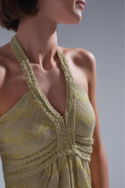 JOIN US Zikzak Desenli Boyundan Bağlamalı Sarı Maxi Elbise