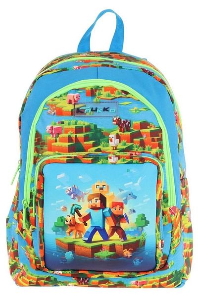 KAUKKO Rucsac pentru școală și zilnic pentru copii cu trei compartimente (albastru verde - imprimat manual) - L5280
