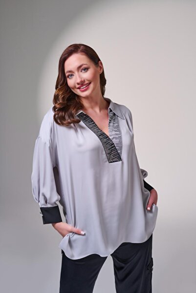 DE WHITES Oversized Collar Stone Embroidered Shirt