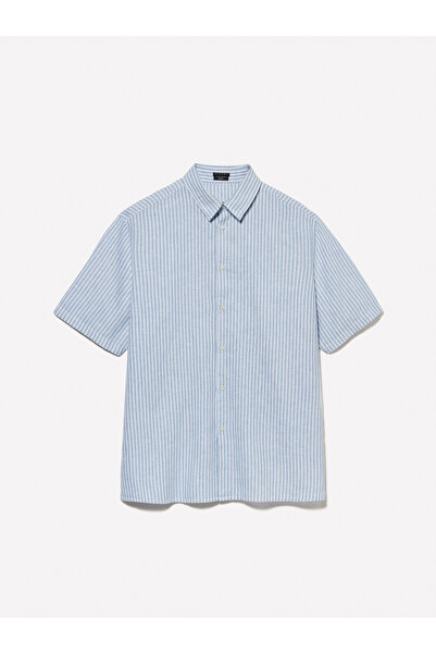 Sisley Cămașă cu mânecă scurtă pentru bărbați, cu mânecă scurtă, cu amestec de in, albastru