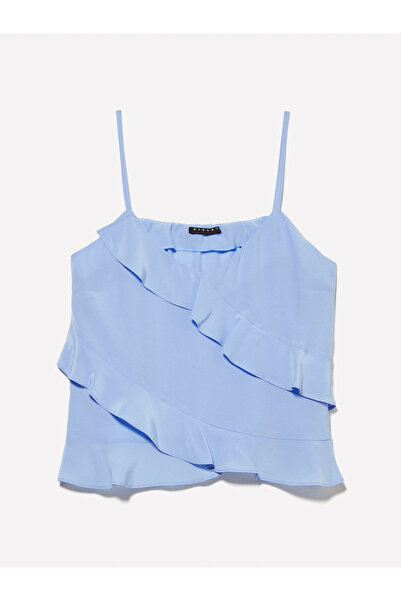 Sisley Women's Light Blue 100% Viscose Ruffle Detailed V-Neck Strappy Top