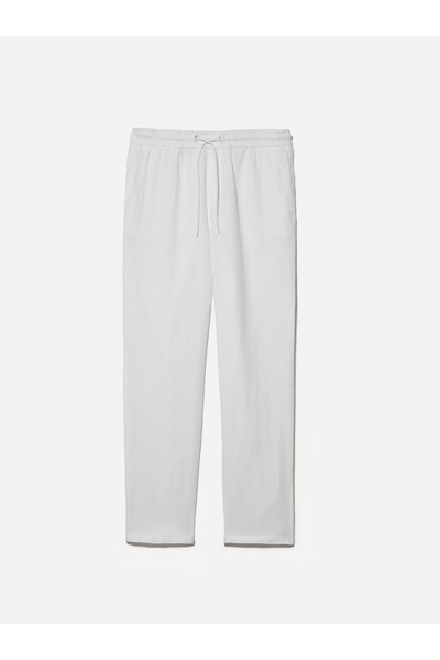 Sisley Men's Off White 100% Linen Drawstring Slim Fit Pants with Drawstring Waist