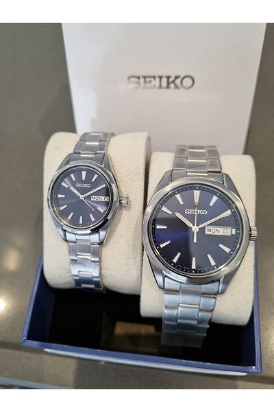Seiko Metallic Steel Bracelet Men-Women Double Navy Blue Dial-Sapphire Glass 10 Atm Waterproof Wristwatch